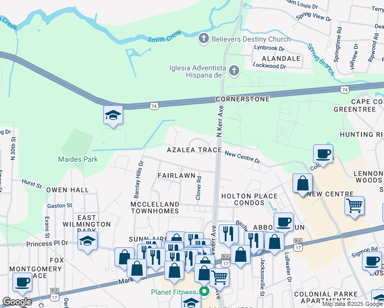 map of restaurants, bars, coffee shops, grocery stores, and more near 4222 Sunglow Drive in Wilmington