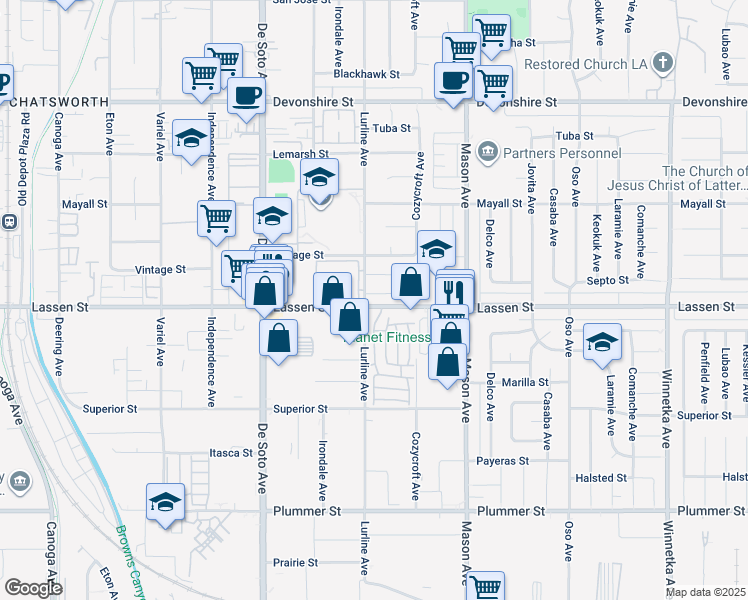 map of restaurants, bars, coffee shops, grocery stores, and more near 20652 Lassen Street in Los Angeles