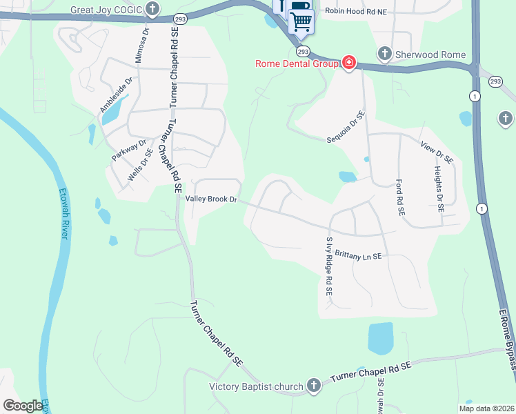 map of restaurants, bars, coffee shops, grocery stores, and more near 3 Laurchris Drive Southeast in Rome