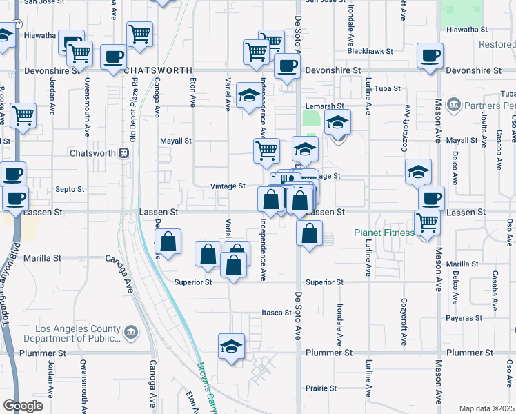 map of restaurants, bars, coffee shops, grocery stores, and more near 9901 Independence Avenue in Los Angeles