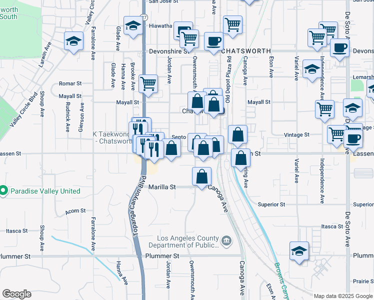 map of restaurants, bars, coffee shops, grocery stores, and more near 21717 Lassen Street in Los Angeles