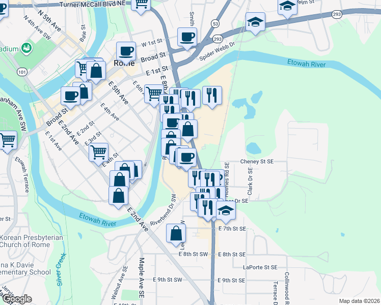 map of restaurants, bars, coffee shops, grocery stores, and more near 1476 Turner McCall Boulevard in Rome