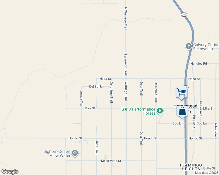 map of restaurants, bars, coffee shops, grocery stores, and more near 180 Geronimo Trail in Yucca Valley