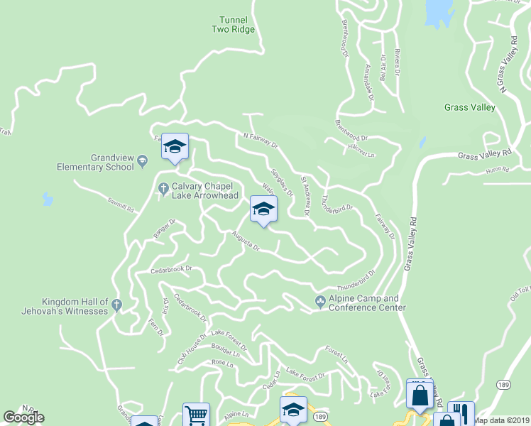 map of restaurants, bars, coffee shops, grocery stores, and more near 26333 Walnut Hills Drive in Lake Arrowhead