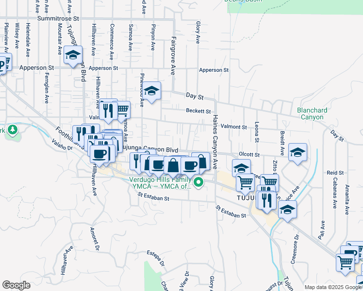 map of restaurants, bars, coffee shops, grocery stores, and more near 10038 Tujunga Canyon Boulevard in Los Angeles