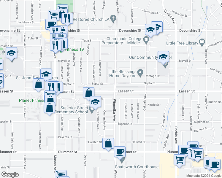 map of restaurants, bars, coffee shops, grocery stores, and more near 20115 Lassen Street in Los Angeles