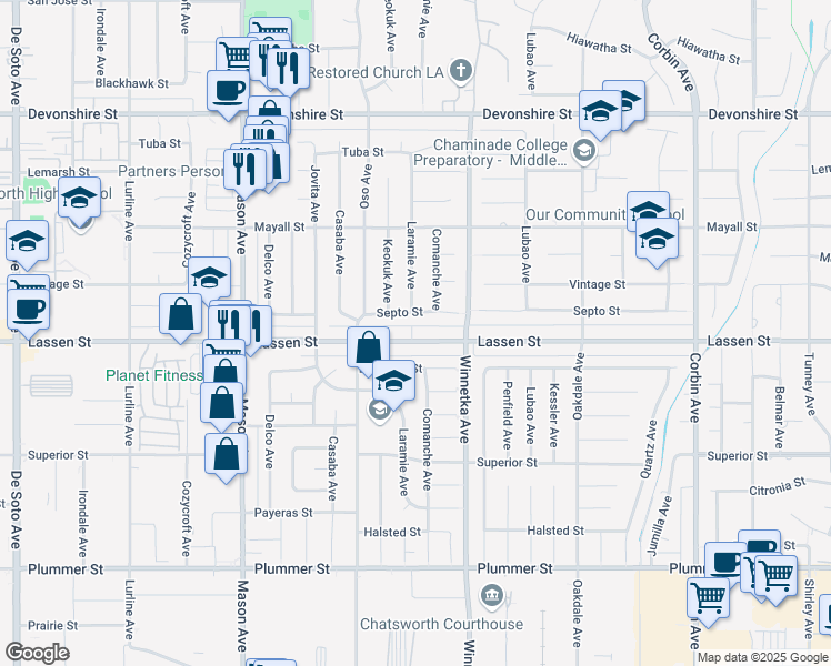 map of restaurants, bars, coffee shops, grocery stores, and more near 20159 Lassen Street in Los Angeles