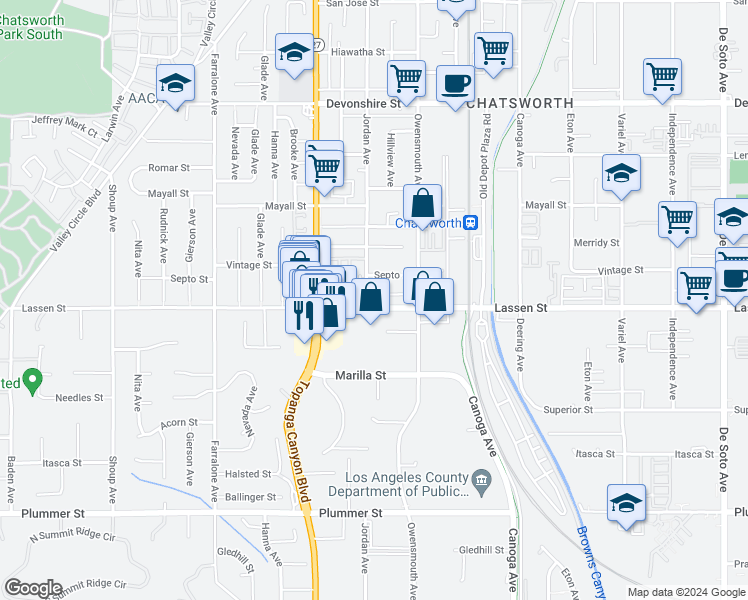 map of restaurants, bars, coffee shops, grocery stores, and more near 9900 Jordan Avenue in Chatsworth