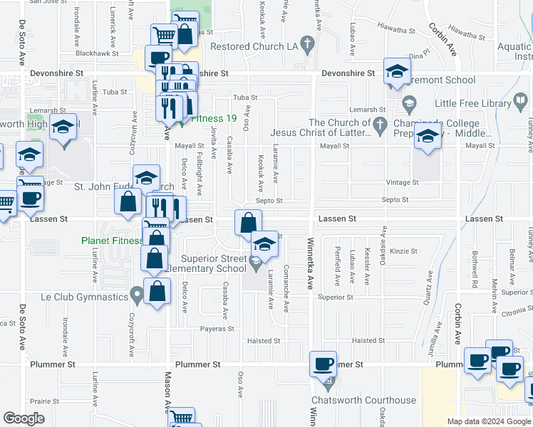 map of restaurants, bars, coffee shops, grocery stores, and more near 20115 Lassen Street in Los Angeles