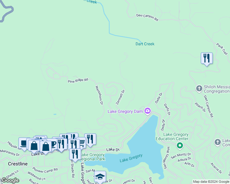map of restaurants, bars, coffee shops, grocery stores, and more near 170 Wylerhorn Drive in Crestline