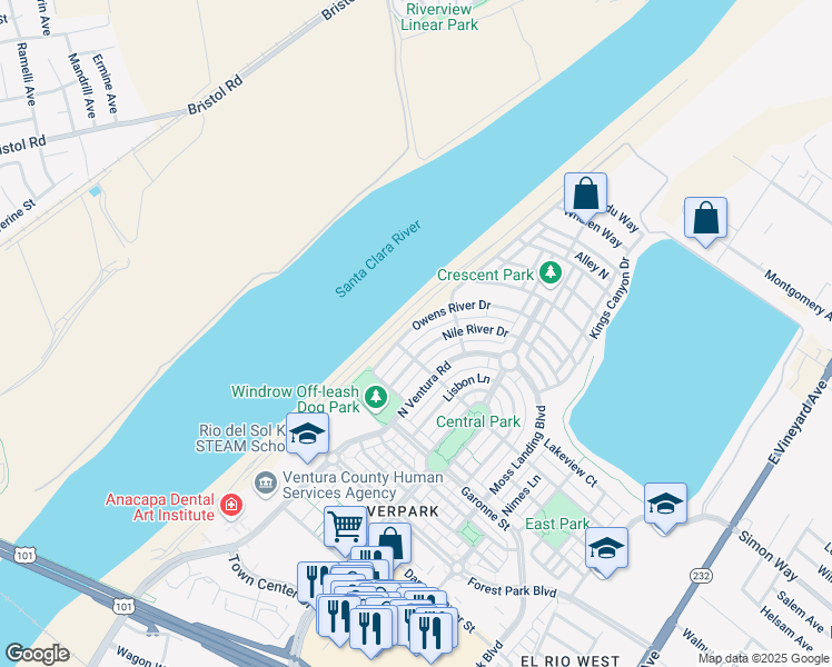 map of restaurants, bars, coffee shops, grocery stores, and more near 726 Owens River Drive in Oxnard