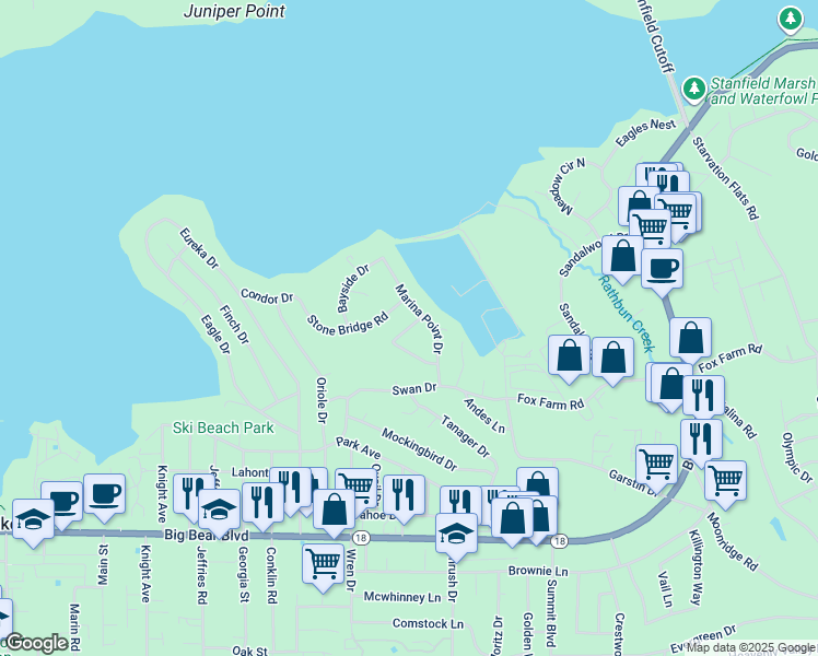 map of restaurants, bars, coffee shops, grocery stores, and more near 113 Meadow View Drive in Big Bear Lake