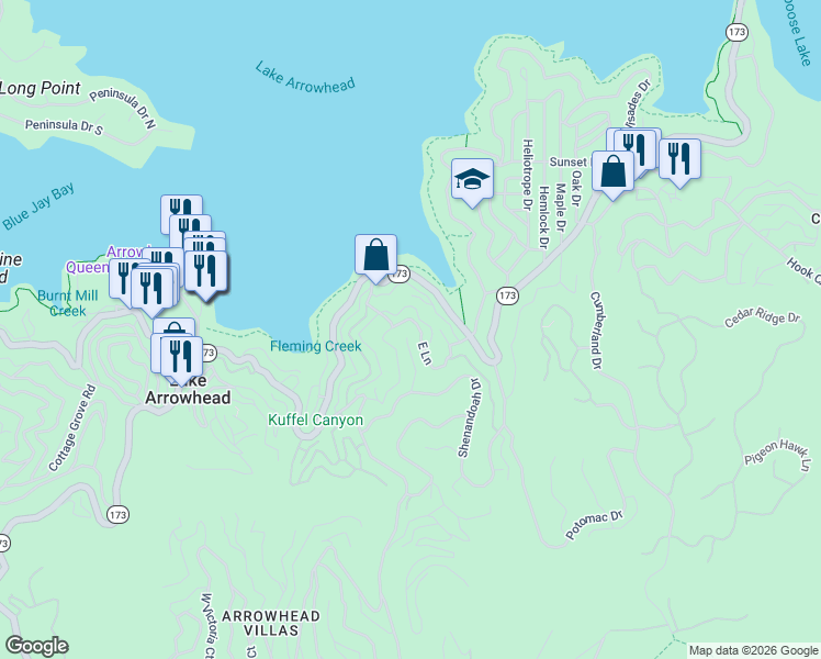 map of restaurants, bars, coffee shops, grocery stores, and more near 179 Chippewa Lane in Lake Arrowhead