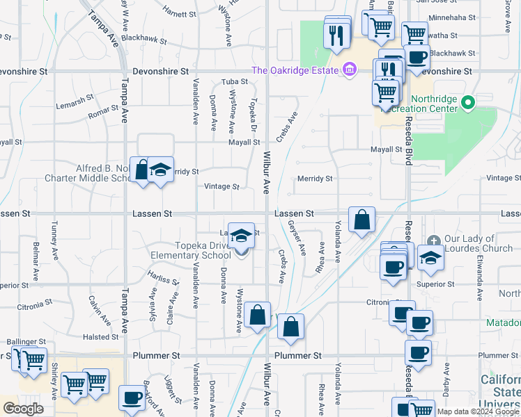 map of restaurants, bars, coffee shops, grocery stores, and more near 9904 Topeka Drive in Los Angeles