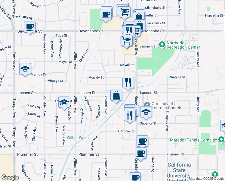 map of restaurants, bars, coffee shops, grocery stores, and more near 18637 Lassen Street in Los Angeles