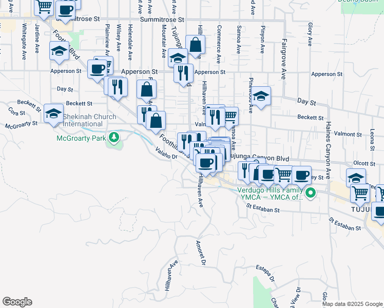 map of restaurants, bars, coffee shops, grocery stores, and more near 7307 Foothill Boulevard in Los Angeles