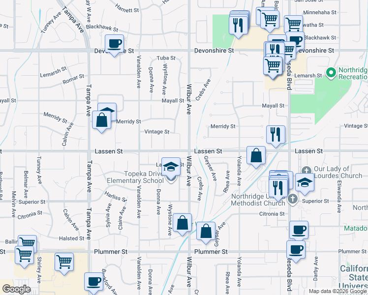 map of restaurants, bars, coffee shops, grocery stores, and more near 9904 Topeka Drive in Los Angeles