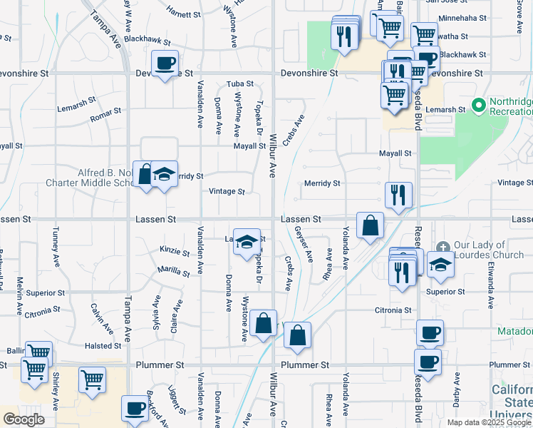 map of restaurants, bars, coffee shops, grocery stores, and more near 9904 Topeka Drive in Los Angeles