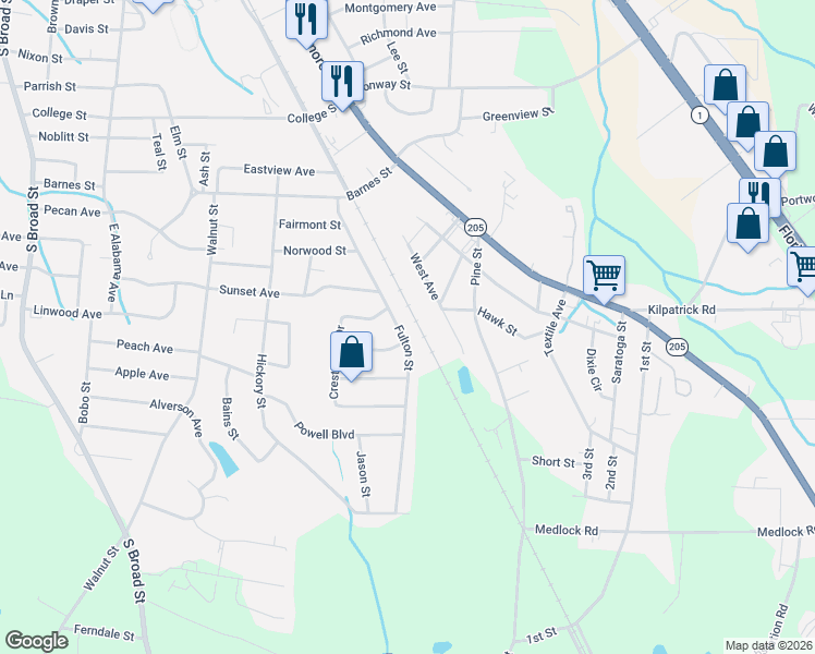 map of restaurants, bars, coffee shops, grocery stores, and more near 1202 Fulton Street in Albertville