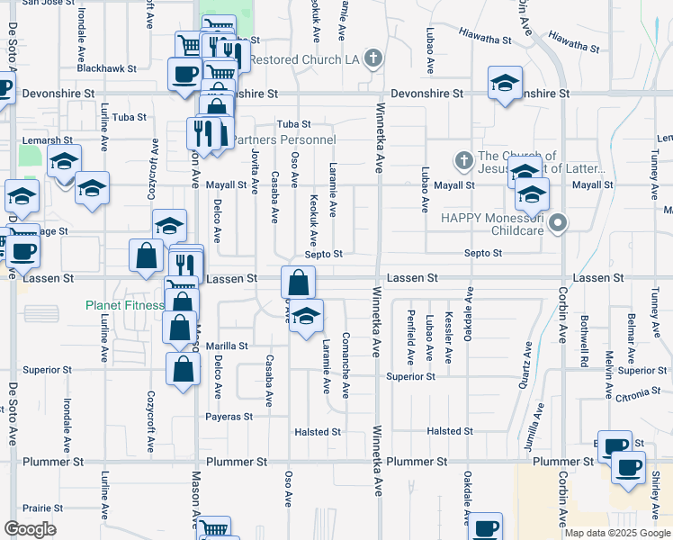 map of restaurants, bars, coffee shops, grocery stores, and more near 20201 Septo Street in Los Angeles