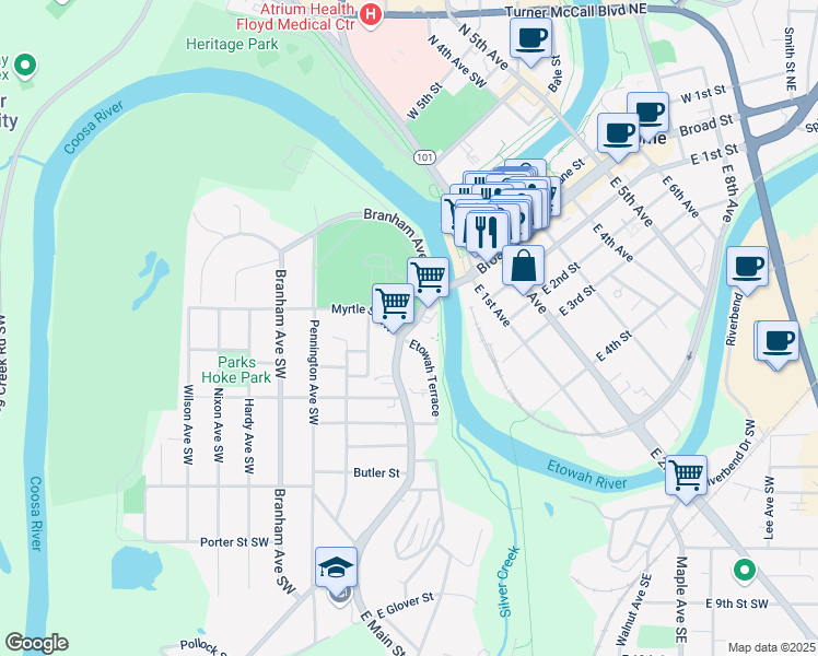 map of restaurants, bars, coffee shops, grocery stores, and more near S Broad St & Etowah Terrace in Rome