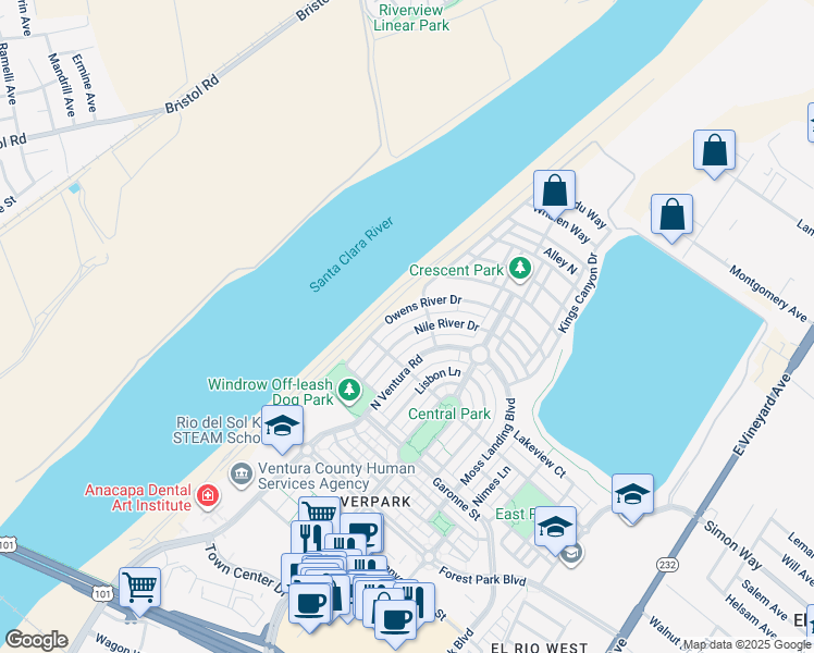 map of restaurants, bars, coffee shops, grocery stores, and more near 715 Nile River Drive in Oxnard
