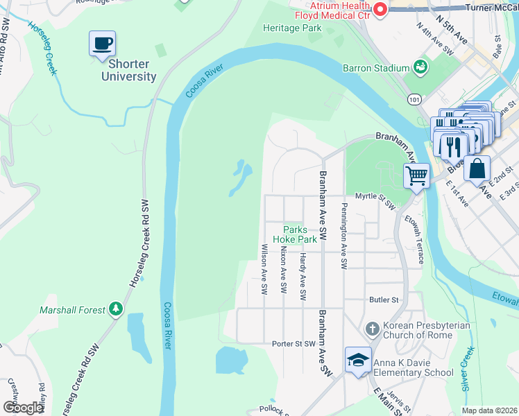 map of restaurants, bars, coffee shops, grocery stores, and more near 100 Wilson Avenue Southwest in Rome