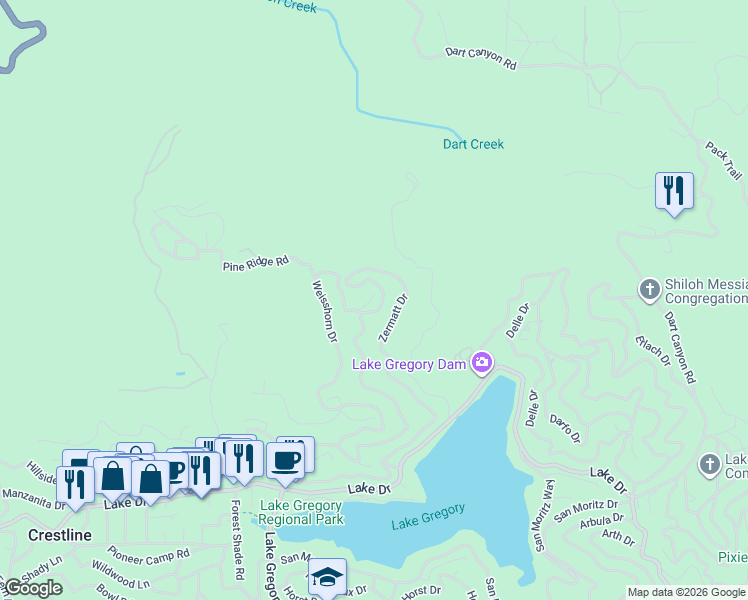 map of restaurants, bars, coffee shops, grocery stores, and more near 170 Wylerhorn Drive in Crestline