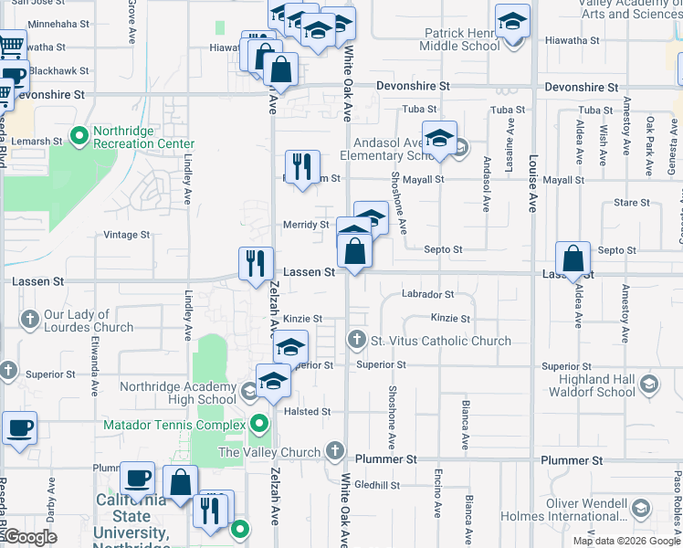 map of restaurants, bars, coffee shops, grocery stores, and more near 17710 Lassen Street in Northridge