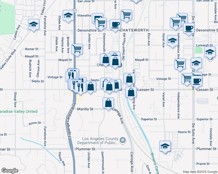 map of restaurants, bars, coffee shops, grocery stores, and more near 9940 North Remmet Avenue in Los Angeles