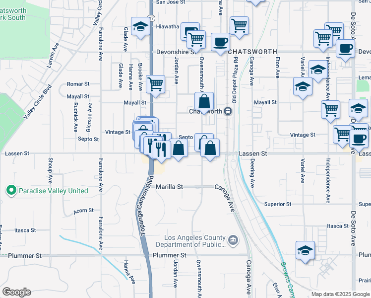 map of restaurants, bars, coffee shops, grocery stores, and more near 9920 Jordan Avenue in Los Angeles