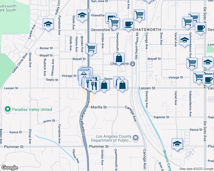 map of restaurants, bars, coffee shops, grocery stores, and more near 9920 Jordan Avenue in Los Angeles
