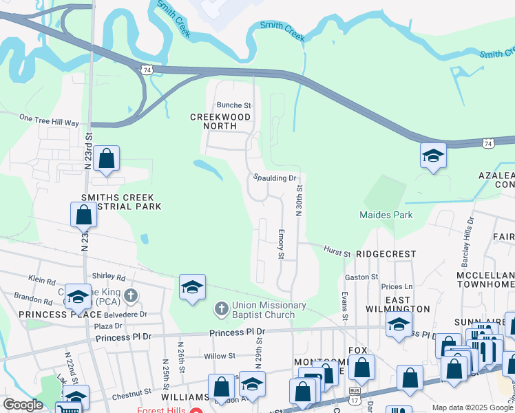 map of restaurants, bars, coffee shops, grocery stores, and more near 1113 East Stewart Circle in Wilmington