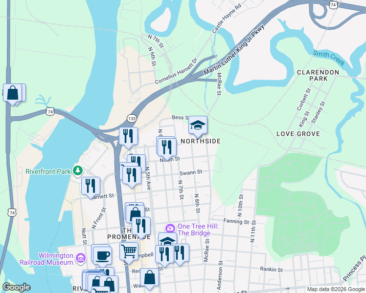 map of restaurants, bars, coffee shops, grocery stores, and more near 717 Taylor St in Wilmington
