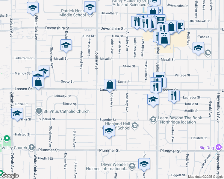 map of restaurants, bars, coffee shops, grocery stores, and more near Lassen Street & Aldea Avenue in Los Angeles