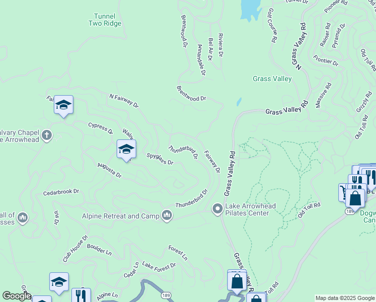map of restaurants, bars, coffee shops, grocery stores, and more near 26668 Thunderbird Drive in Lake Arrowhead