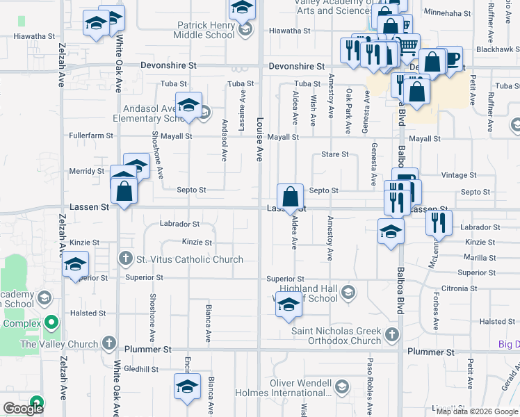 map of restaurants, bars, coffee shops, grocery stores, and more near Louise Avenue & Lassen Street in Los Angeles