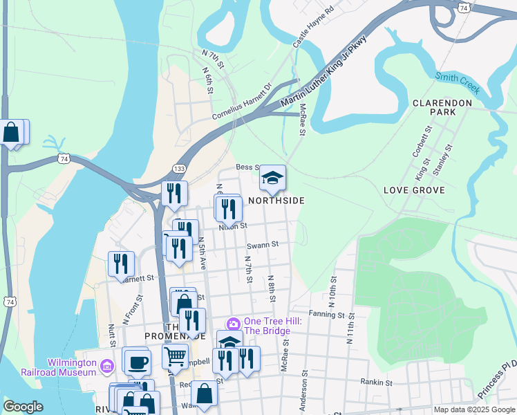 map of restaurants, bars, coffee shops, grocery stores, and more near 717 Taylor St in Wilmington