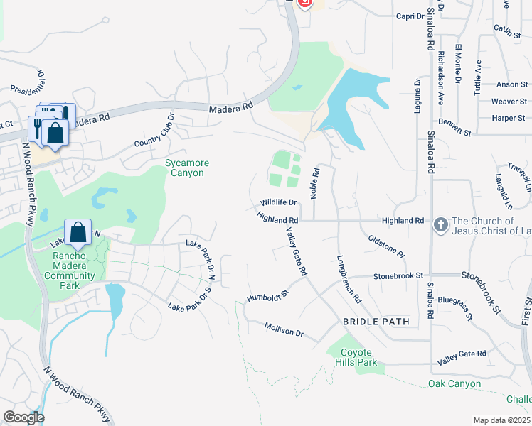 map of restaurants, bars, coffee shops, grocery stores, and more near 87 Highland Road in Simi Valley