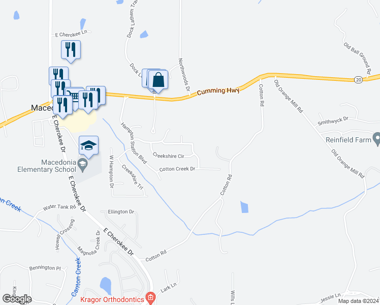 map of restaurants, bars, coffee shops, grocery stores, and more near 527 Creekshire Circle in Canton