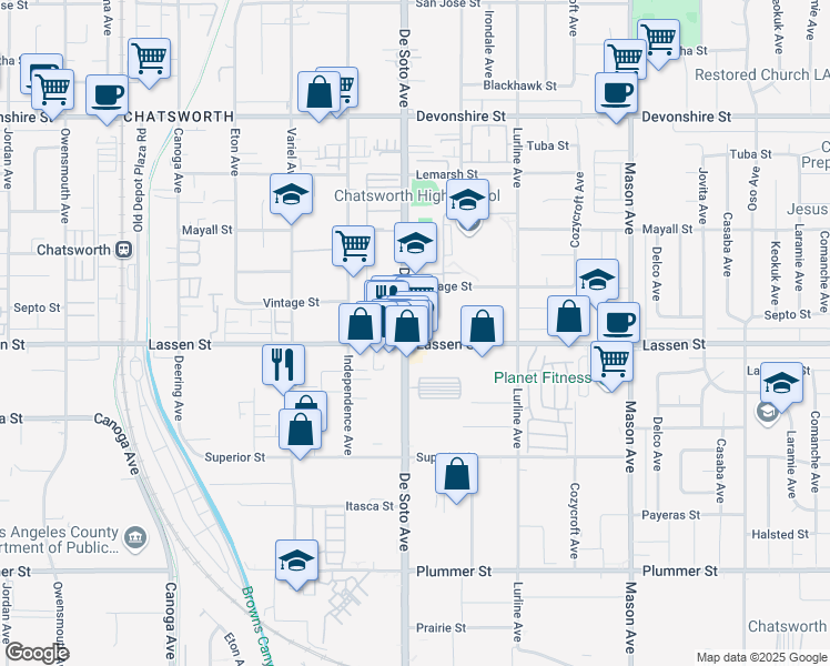 map of restaurants, bars, coffee shops, grocery stores, and more near 9920 De Soto Avenue in Los Angeles
