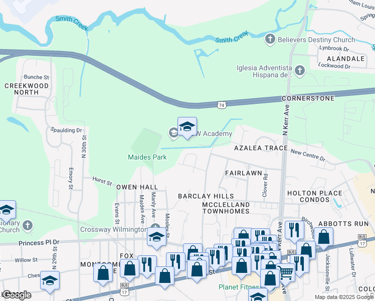 map of restaurants, bars, coffee shops, grocery stores, and more near 624 Sharease Circle in Wilmington