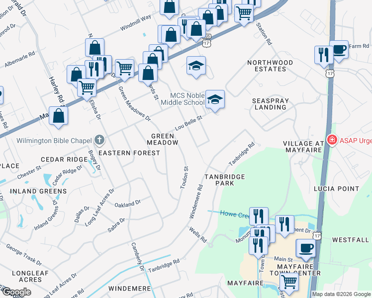 map of restaurants, bars, coffee shops, grocery stores, and more near 309 Toulon Street in Wilmington