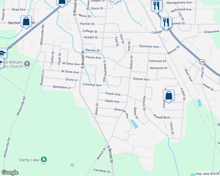 map of restaurants, bars, coffee shops, grocery stores, and more near 404 Linwood Avenue in Albertville