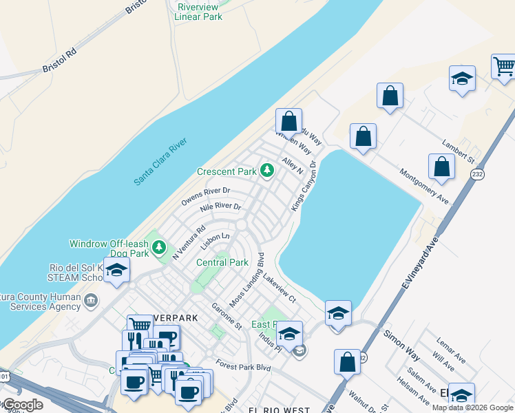 map of restaurants, bars, coffee shops, grocery stores, and more near 3430 North Oxnard Boulevard in Oxnard