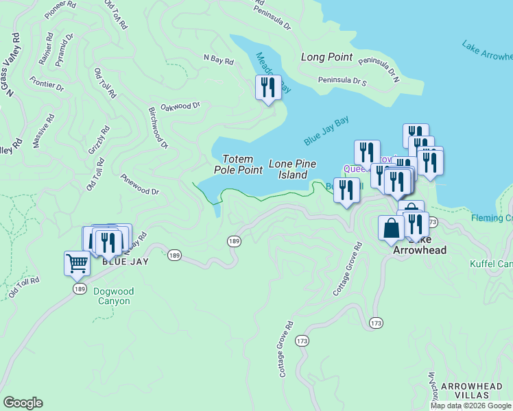map of restaurants, bars, coffee shops, grocery stores, and more near 193 Rocky Point Road in Lake Arrowhead