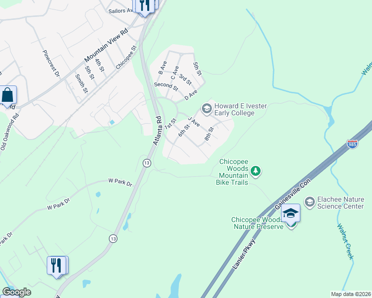 map of restaurants, bars, coffee shops, grocery stores, and more near 5 G Avenue in Gainesville
