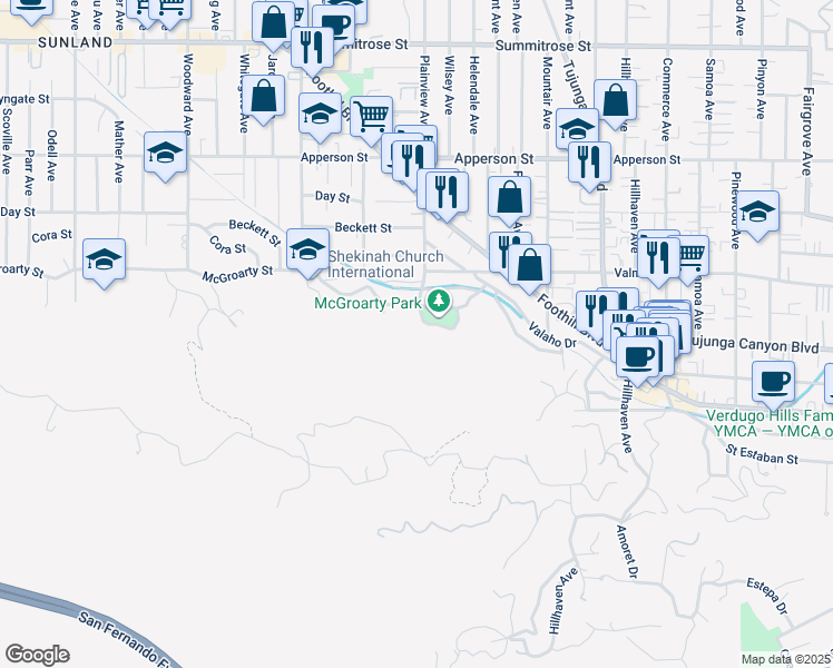 map of restaurants, bars, coffee shops, grocery stores, and more near 7572 McGroarty Terrace in Los Angeles