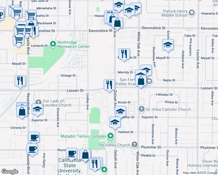 map of restaurants, bars, coffee shops, grocery stores, and more near 17950 Lassen Street in Los Angeles