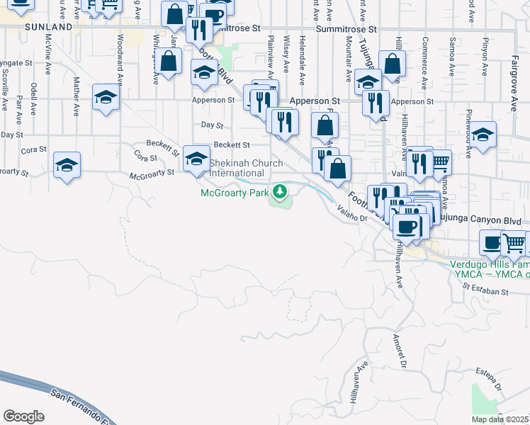 map of restaurants, bars, coffee shops, grocery stores, and more near 7572 McGroarty Terrace in Los Angeles
